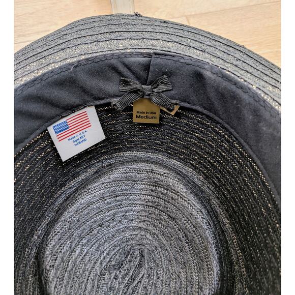 VTG Haband Black Straw Fedora Hat Medium 22" Gray Striped Hatband Made in USA - Picture 9 of 11